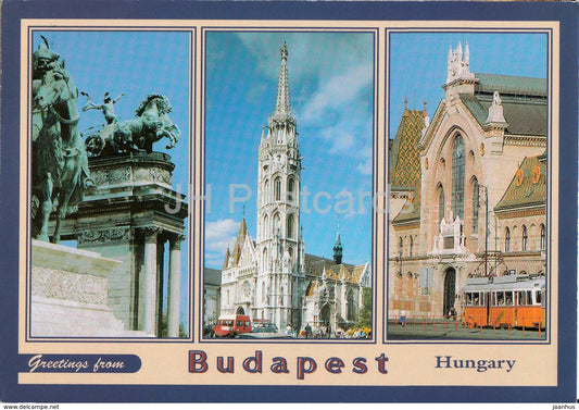 Greetings from Budapest - cathedral - tram - architecture - 2000 - Hungary - used - JH Postcards