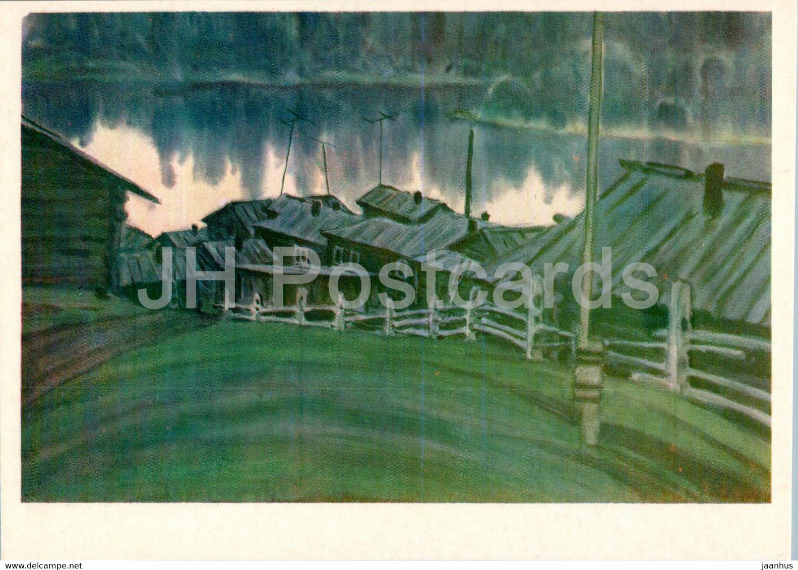 painting by V. Rogachev - Village in the middle Urals - Urals - Russian art - 1984 - Russia USSR - unused - JH Postcards