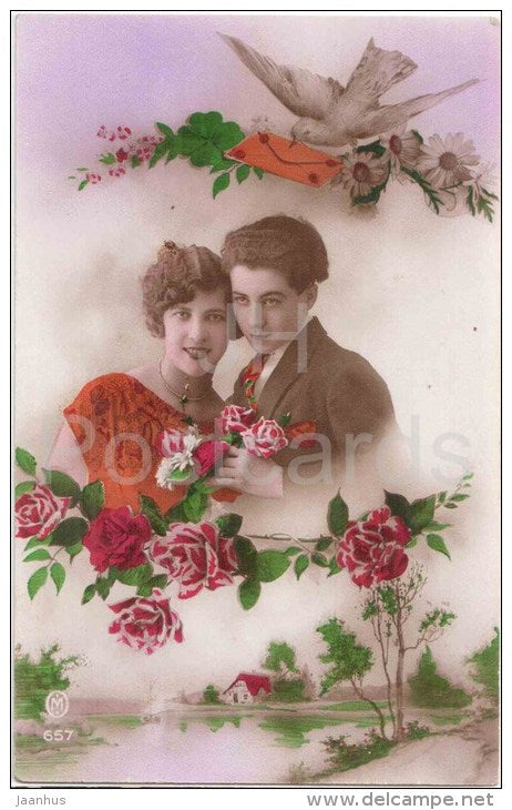 couple - man and woman - dove - roses - flowers - M 657 - old postcard - circulated in Estonia 1930s - JH Postcards