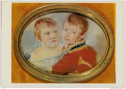 painting by P. Sokolov - Portrait of Two Children - boy and girl - Russian art - 1984 - Russia USSR - unused - JH Postcards