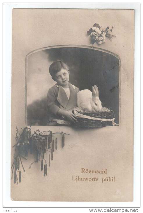 Easter Greeting Card - rabbit - boy - old postcard - circulated in Estonia 1920s - used - JH Postcards