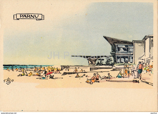 Beach - Parnu - Illustration by O. Soans - 1960 - Estonia USSR - unused - JH Postcards