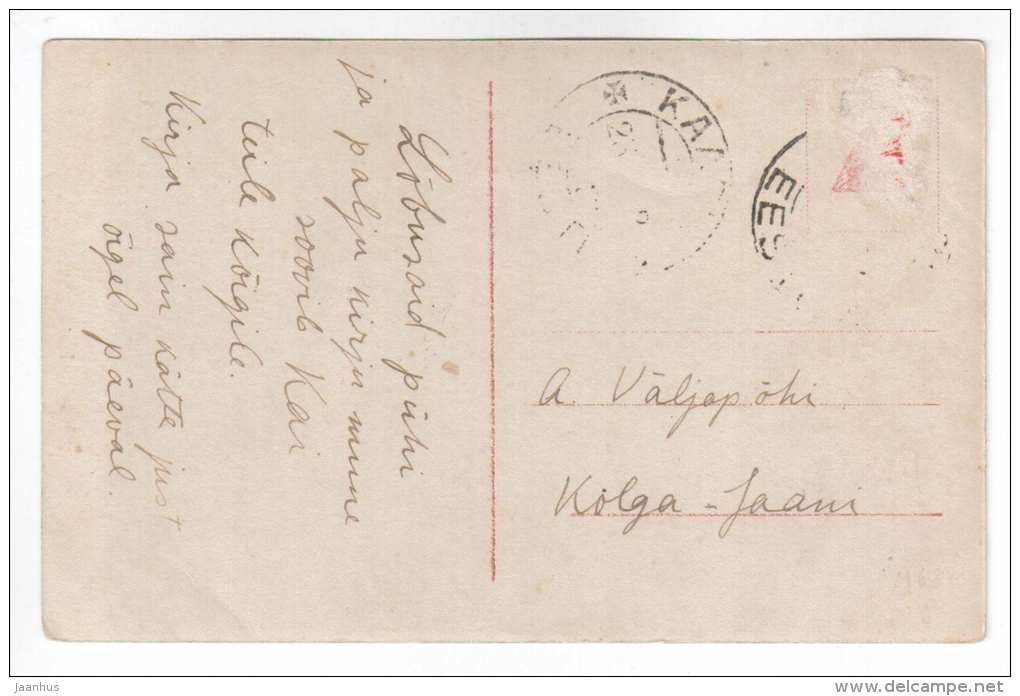 Easter Greeting Card - rabbit - boy - old postcard - circulated in Estonia 1920s - used - JH Postcards