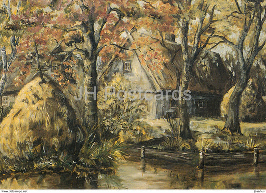 painting by Edda B Fischer - Fliess mit Heuschober in Lehde - German art - Germany - unused - JH Postcards