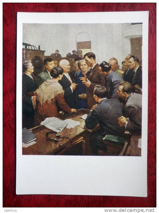 painting by Oboznenko, Serov - during a break in the Congress - Nikita Khrushchev - russian art - unused - JH Postcards