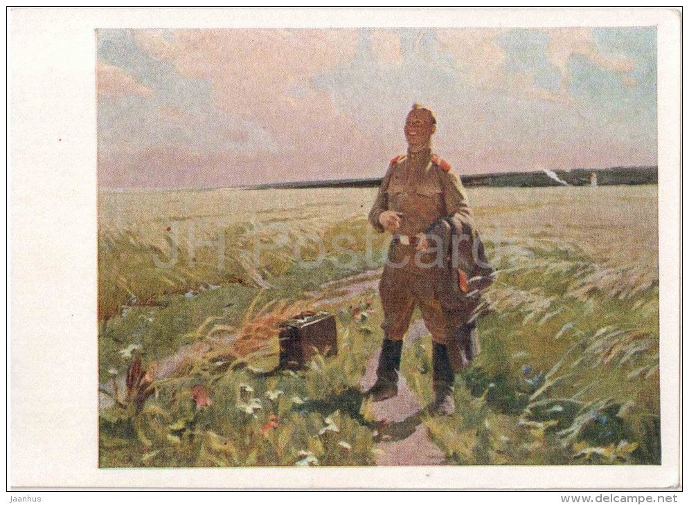 painting by I. Simonov - Back Home - soldier - russian art - unused - JH Postcards