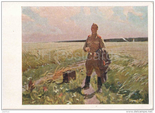 painting by I. Simonov - Back Home - soldier - russian art - unused - JH Postcards