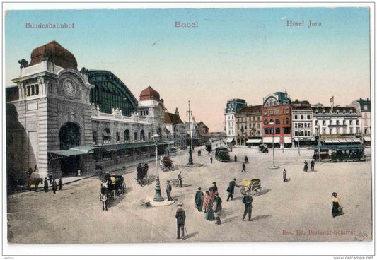 Bundesbahnhof - hotel Jura - railway station - Basel - Switzerland - old postcard - 1911 - unused - JH Postcards
