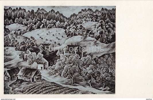 Lithography by R. Opmane - Autumn - latvian art - Gauja National Park - 1982 - Latvia USSR - unused - JH Postcards
