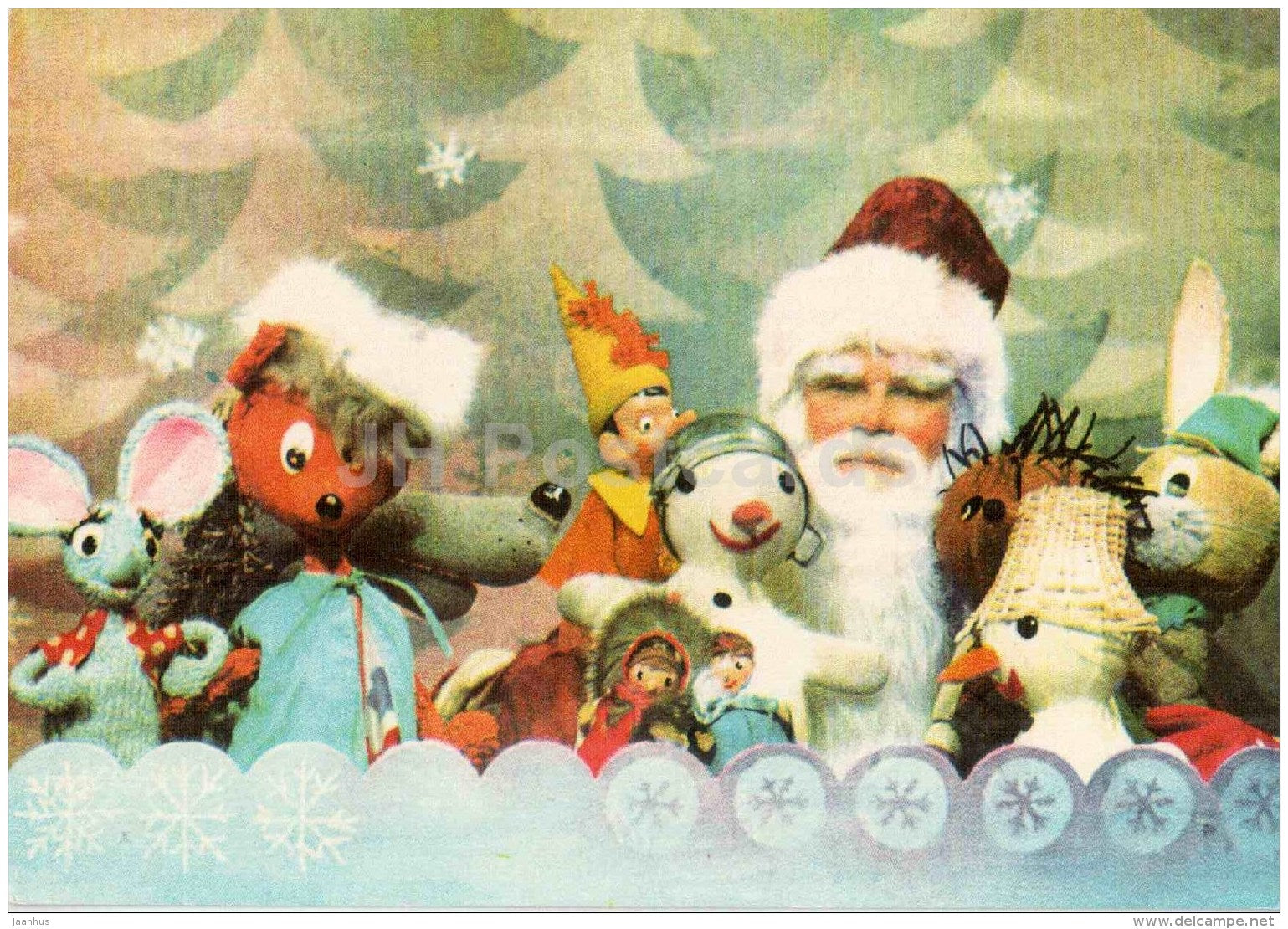 New Year Greeting card - puppetry - hare - mouse - snowman - Pinocchio - Santa Claus - 1979 - Estonia USSR - used - JH Postcards