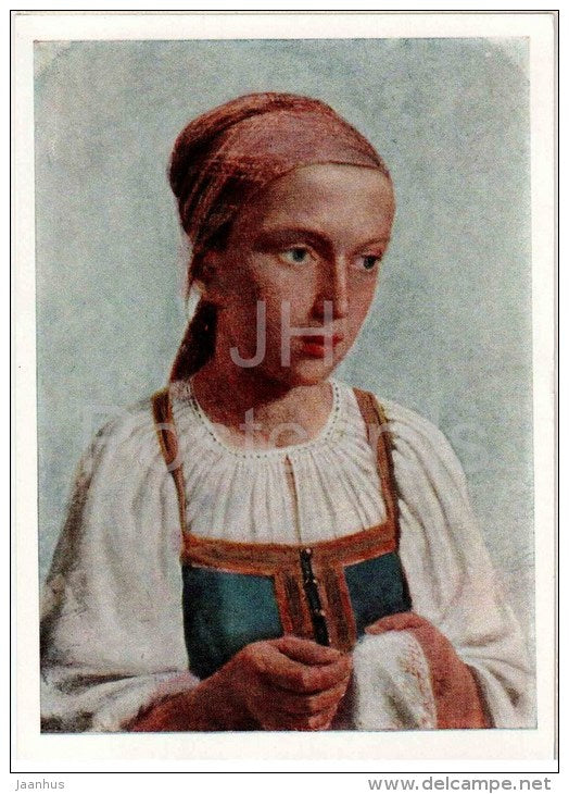 painting by A. Venetsianov - Peasant girl embroidering , 1843 - russian art - unused - JH Postcards
