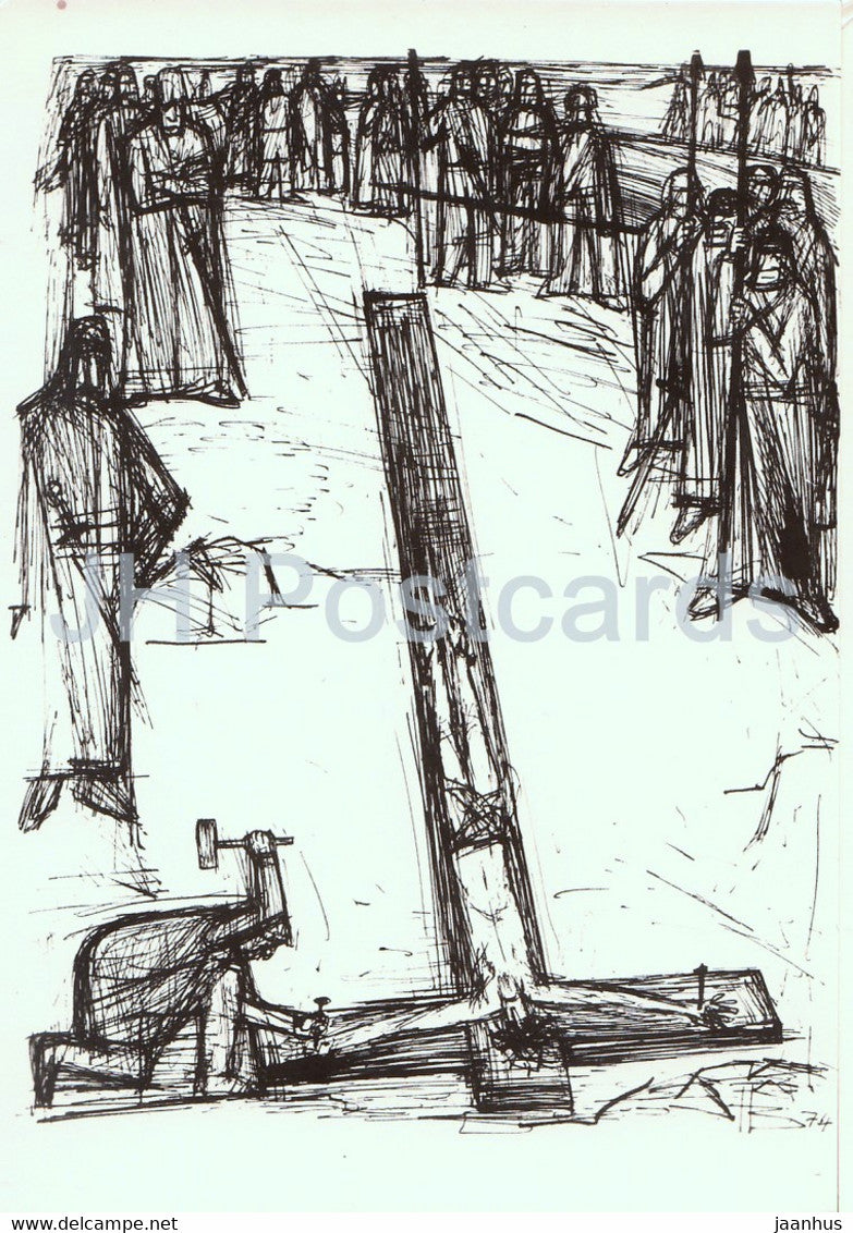 Drawing by Henry Buttner - Jesus wird ans Kreuz genagelt - German art - Germany DDR - unused - JH Postcards