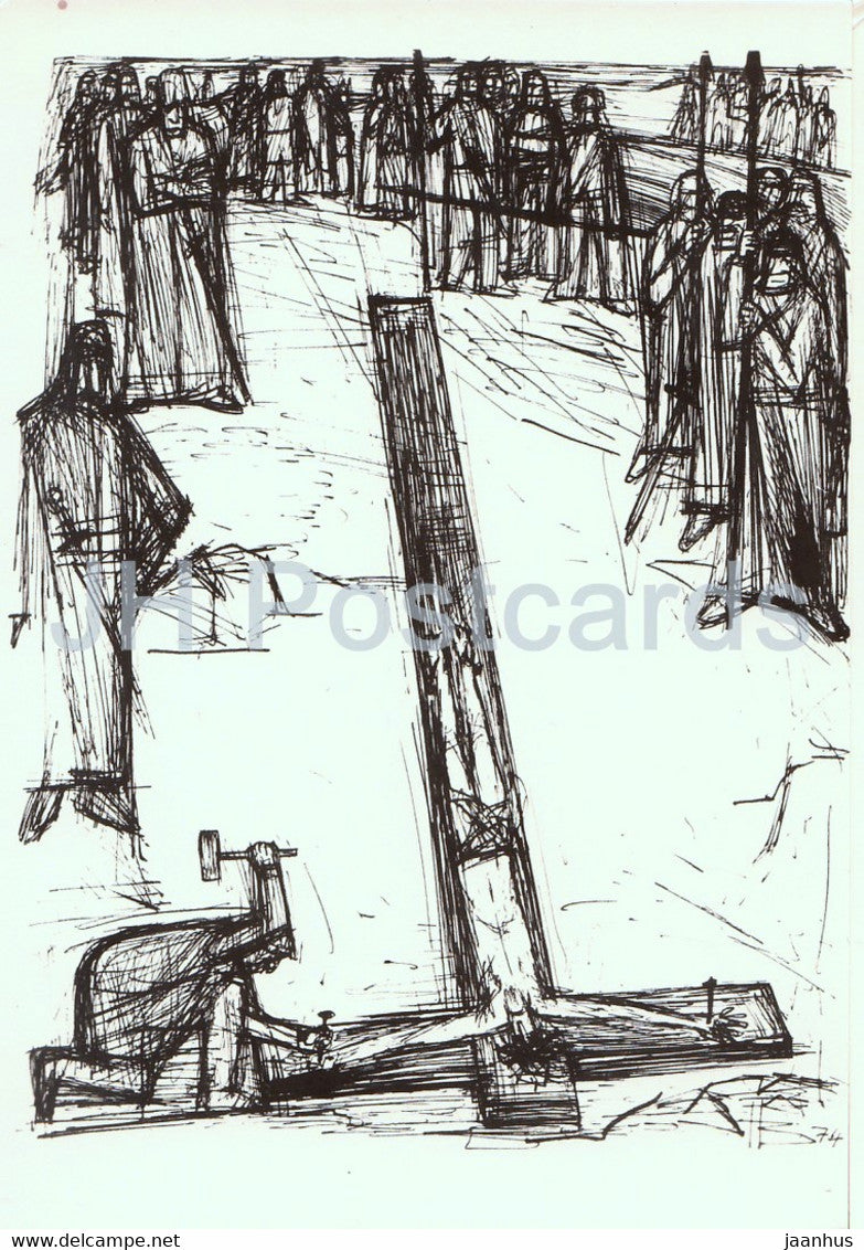 Drawing by Henry Buttner - Jesus wird ans Kreuz genagelt - German art - Germany DDR - unused - JH Postcards