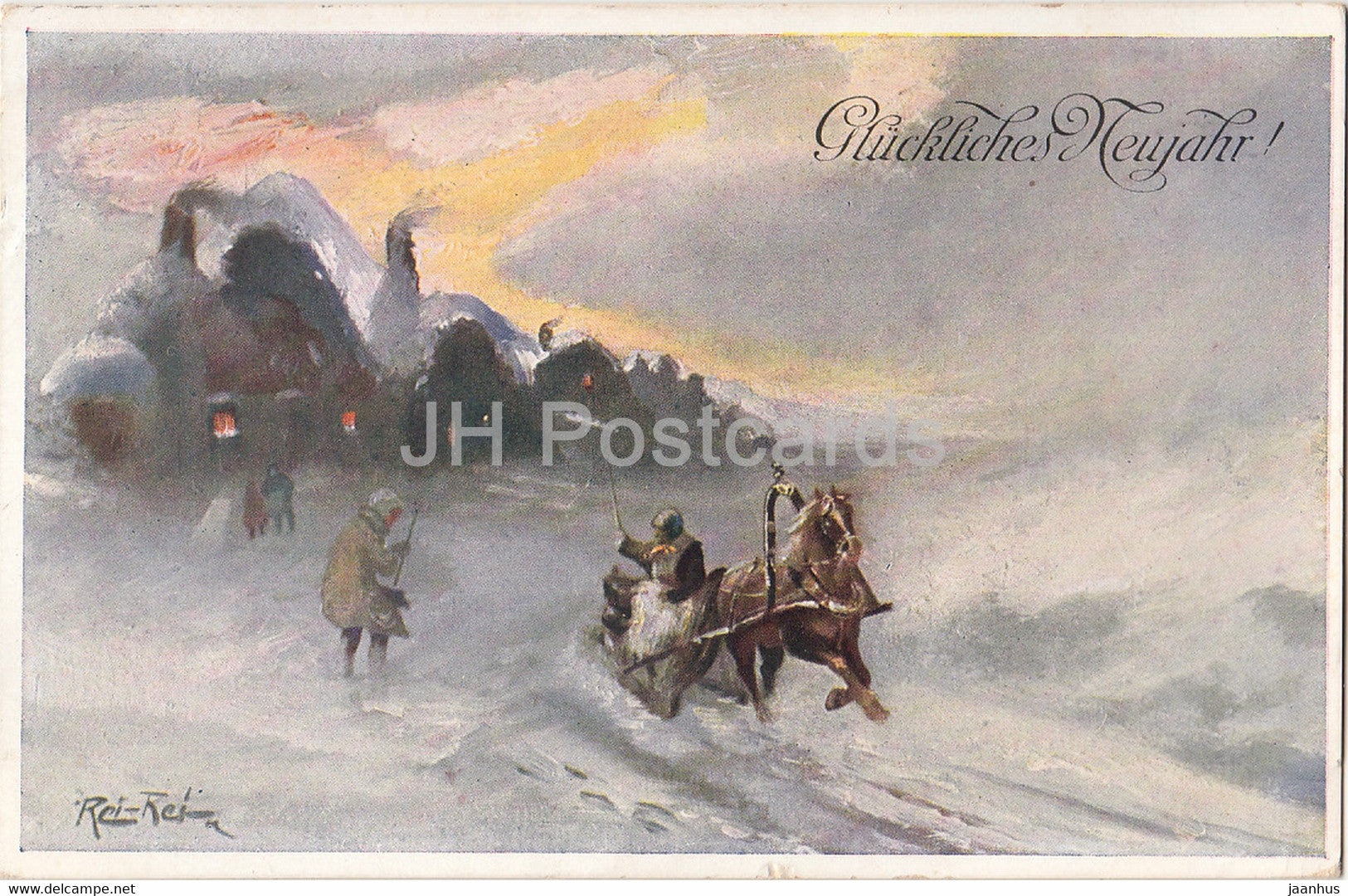 New Year Greeting Card - Gluckliches Neujahr - horse sledge - illustration  P M B 4281/2 - old postcard - Austria - used - JH Postcards