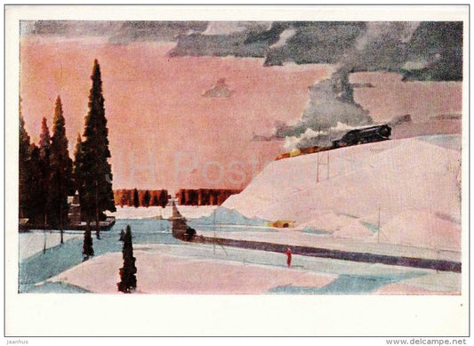 painting by G. Nissky - 4 - Near Moscow . February , 1957 - train - russian art - unused - JH Postcards