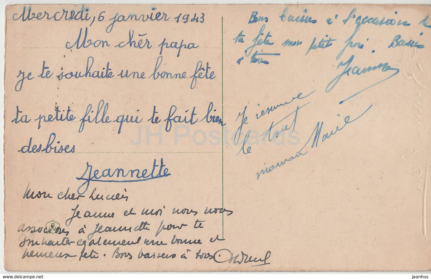 Birthday Greeting Card - Bonne Fete - flowers - roses -  illustration - old postcard - 1943 - France - used