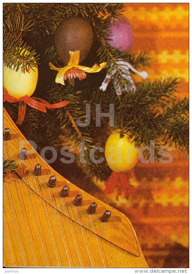 New Year Greeting card - 3 - Estonian zither - decorations - 1985 - Estonia USSR - used - JH Postcards