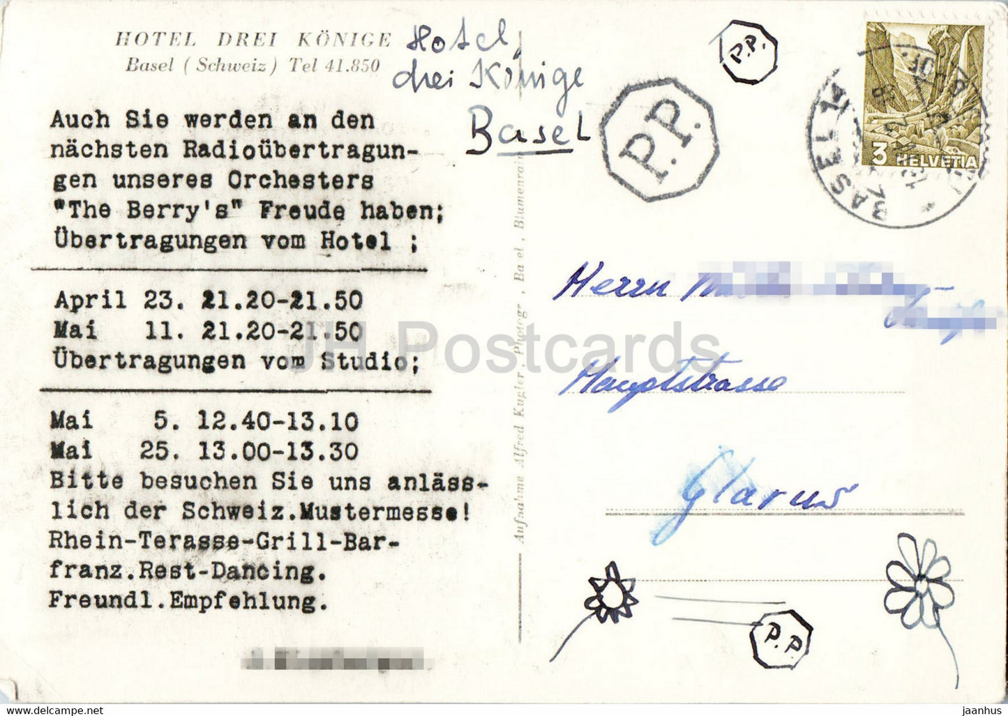 Basel - Hotel Drei Konige - bridge - 547 - old postcard - Switzerland - used