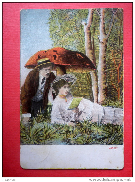 illustration - couple - man and woman - big mushroom - 480 III - circulated in Estonia Wesenberg Imperial Russia 1910 - JH Postcards