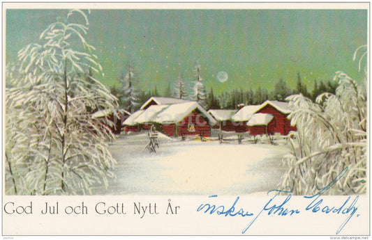 Christmas Greeting Card - houses - winter view - Sweden - used - JH Postcards