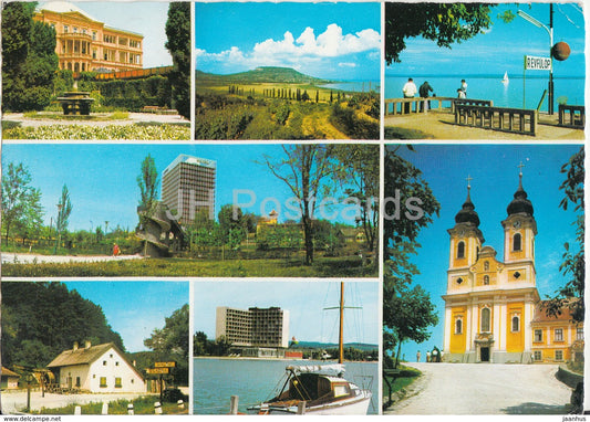Greeting from the lake Balaton - church - boat - hotel - multiview - 1978 - Hungary - used - JH Postcards