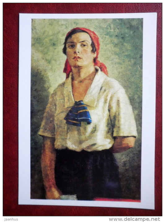 painting by Grigory Grigorievich Ryazhsky , Delegate , 1927 - woman - russian art - unused - JH Postcards