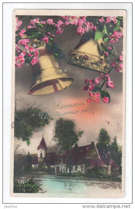 Easter Greeting Card - bells - church - STOP 3007/2 - old postcard - circulated in Estonia 1929 Tallinn - used - JH Postcards