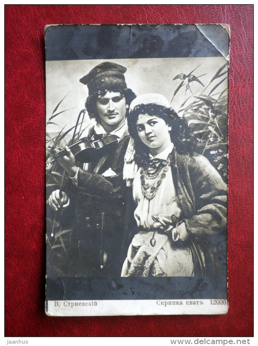 painting by V. Striewski  - man and woman - violin -russian art -circulated in Tsarist Russia 1914 , Gross Salven - used - JH Postcards