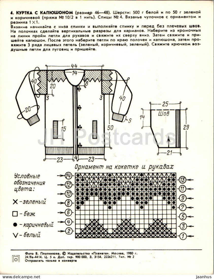 Veste à capuche - femme - mode - Carte postale grand format - 1980 - Russie URSS - inutilisée 