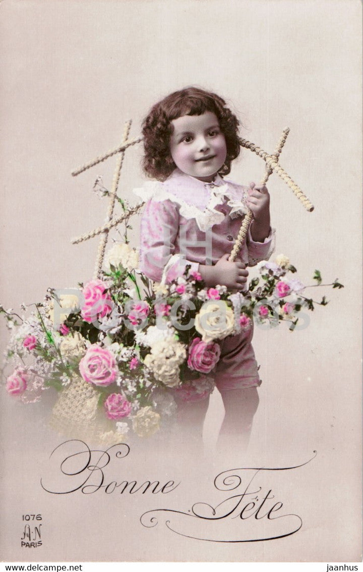Birthday Greeting Card - Bonne Fete - boy - 1076 - AN Paris - old postcard - France - used - JH Postcards