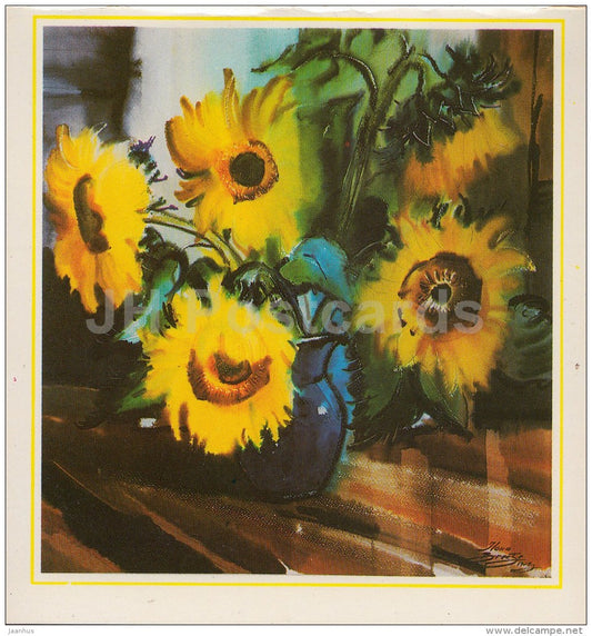 mini Birthday Greeting card by I. Brektes - Sunflowers in the vase - 1986 - Latvia USSR - unused - JH Postcards