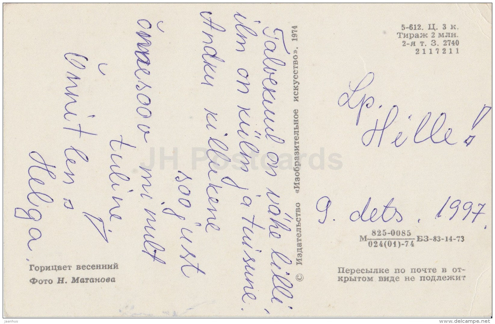 Greeting Card - Adonis - flowers - 1974 - Russia USSR - used - JH Postcards