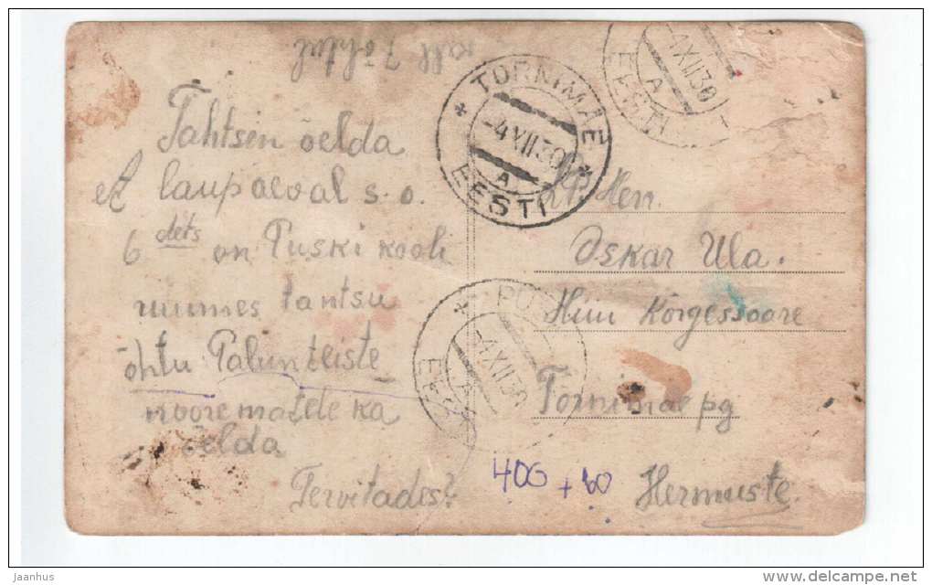 Man and Woman - couple - Edit J. Mandel - 125 - old postcard - circulated in Estonia 1930 Tornimäe - used - JH Postcards