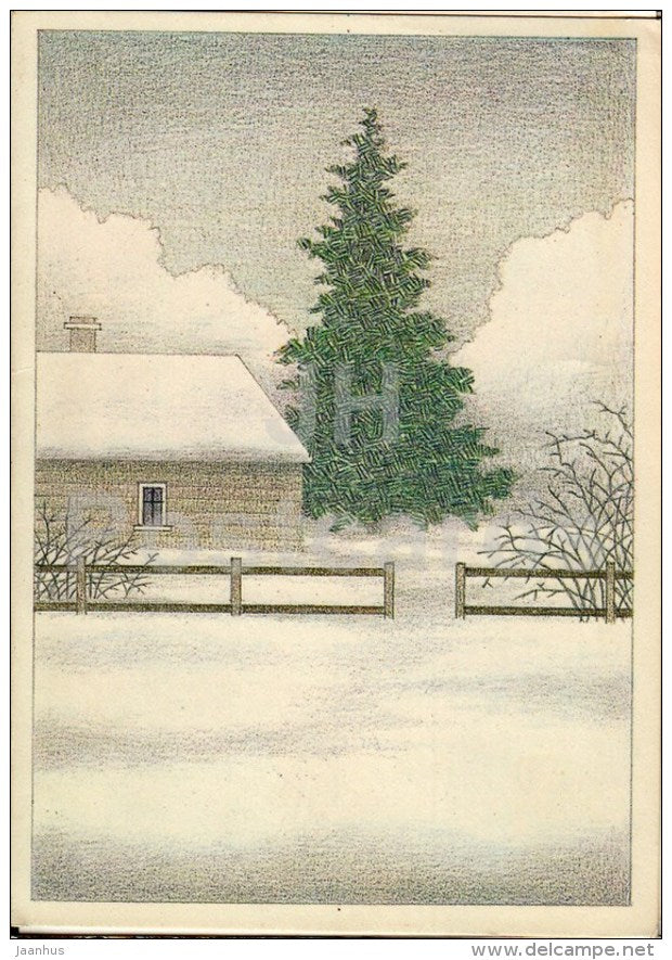 New Year Greeting card by M. Vint - house - fir tree - 1984 - Estonia USSR - used - JH Postcards