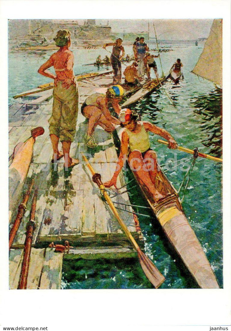 painting by Edgars Iltners - After the Competitions - boat - rowing - sport - Latvian art - 1963 - Russia USSR - unused - JH Postcards