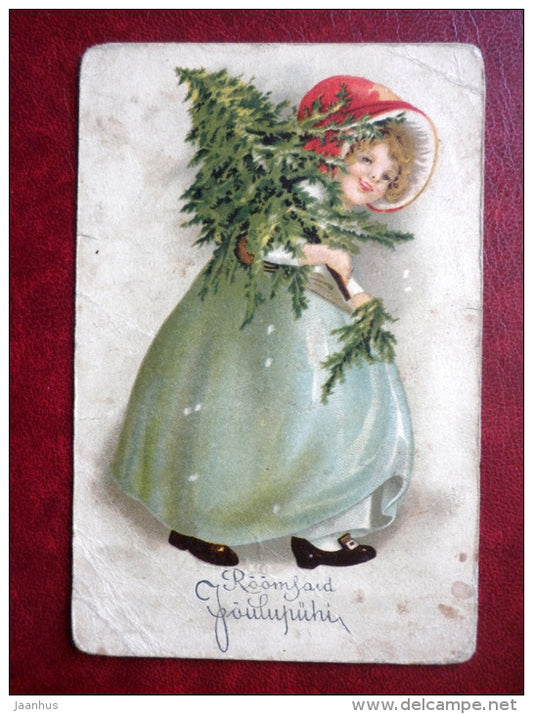 Christmas Greeting Card -girl with christmas tree - WO 719 - old postcard - Estonia - used - JH Postcards
