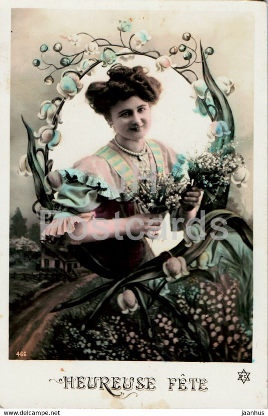 Greeting Card - Heureuse Fete - woman - flowers - 466 - old postcard - 1905 - France - used - JH Postcards