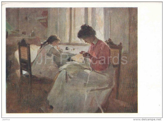 painting by N. Pimonenko - Working - sewing - ukrainian art - unused - JH Postcards