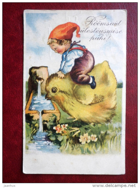 Easter Greeting Card - boy on chicken - WO 109 - circulated in 1933 - Estonia - used - JH Postcards