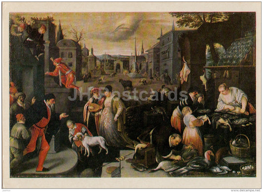 Painting by Leandro Bassano - February . From 12 months series - market - Italian art - 1969 - Russia USSR - unused - JH Postcards