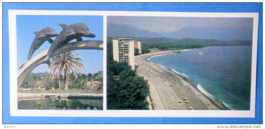 sculpture composition Dolphins - view of the resort - Pitsunda - 1984 - Abkhazia - Georgia USSR - unused - JH Postcards