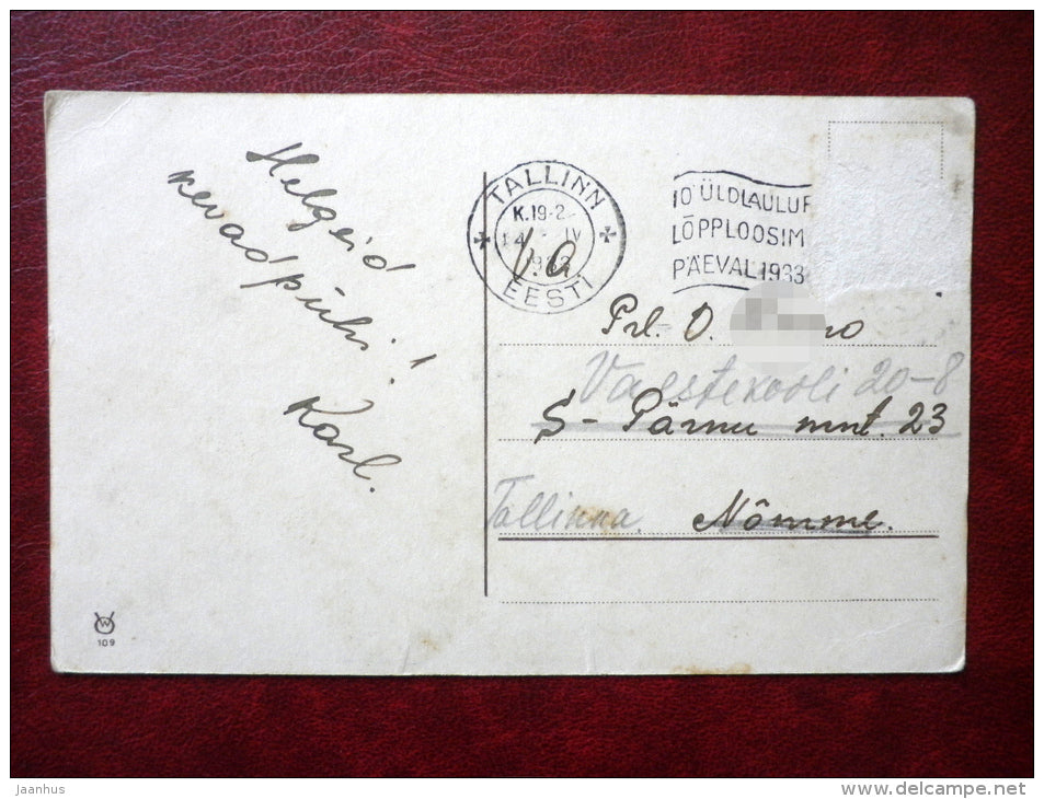 Easter Greeting Card - boy on chicken - WO 109 - circulated in 1933 - Estonia - used - JH Postcards