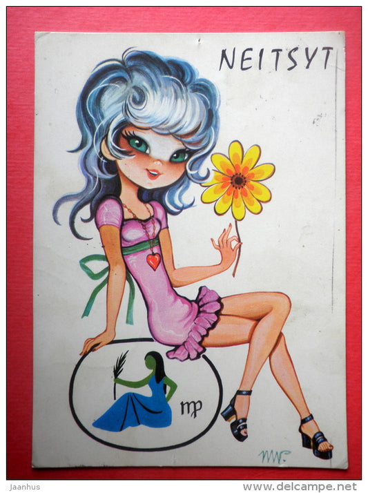 illustration - zodiac sign - virgo - virgin - girl with flower - Finland - sent from Finland Turku to Estonia USSR 1975 - JH Postcards