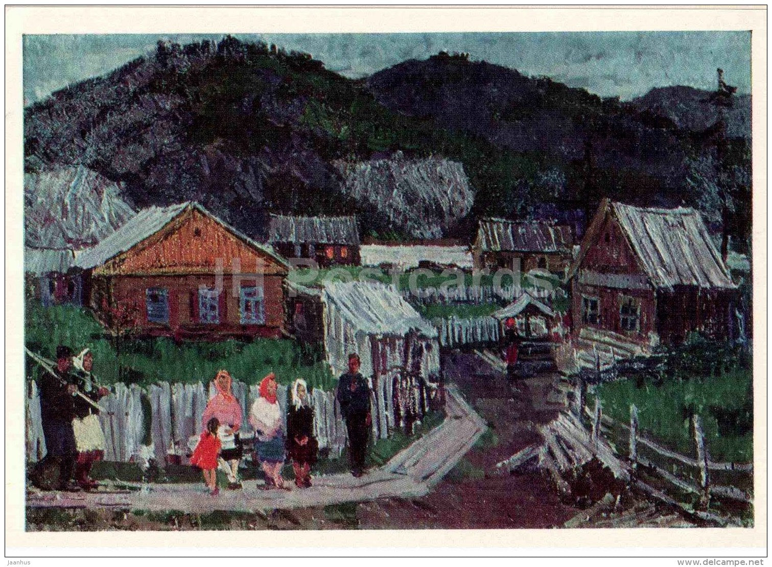 Portrait of Nina Sergeyeva - Evening in the Siberian village , 1966 - houses - Russian art - 1968 - Russia USSR - unused - JH Postcards