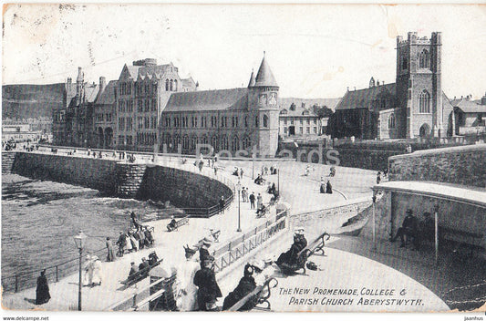 Aberystwyth - The New Promenade - College - Parish Church - old postcard - 1910 - Wales - United Kingdom - used - JH Postcards