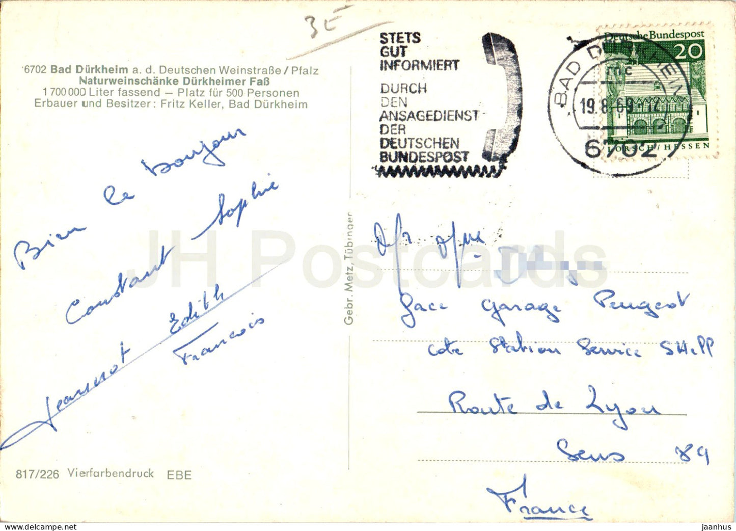 Bad Durkheim - Naturweinschanke Durkheimer Fass - illustration - humour - 817/226 - 1969 - Allemagne - utilisé 