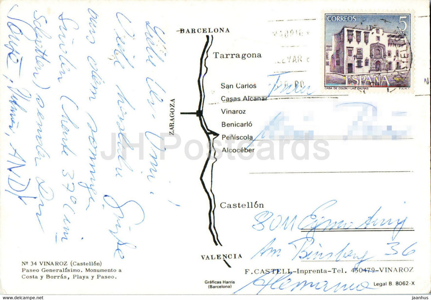 Vinaroz - Paseo Generalisimo - Monumento a Costa y Borras - Playa y Paseo - Schiff - 34 - Spanien - gebraucht