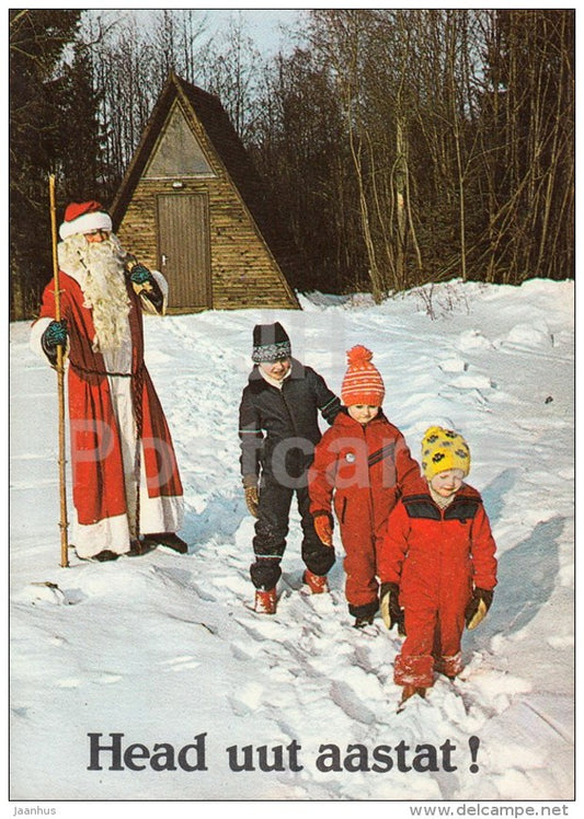New Year Greeting card - 1 - Santa Claus - children - building - 1985 - Estonia USSR - unused - JH Postcards