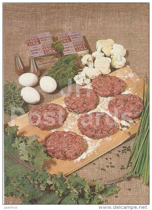 Minced meat cutlets with vegetables - dishes - Estonian Cuisine - recepie - 1985 - Estonia USSR - unused - JH Postcards