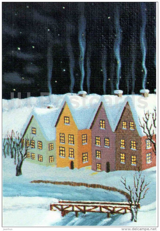 Christmas Greeting Card by Ants Jaanimägi - houses - winter - illustration - Estonia - used in 1994 - JH Postcards